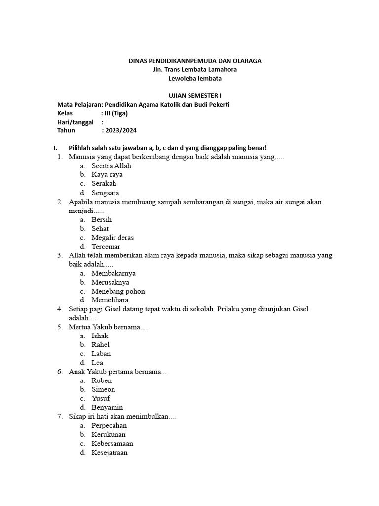 Menemukan Iman Sejak Dini Kumpulan Soal Agama Katolik Kelas 3 SD untuk