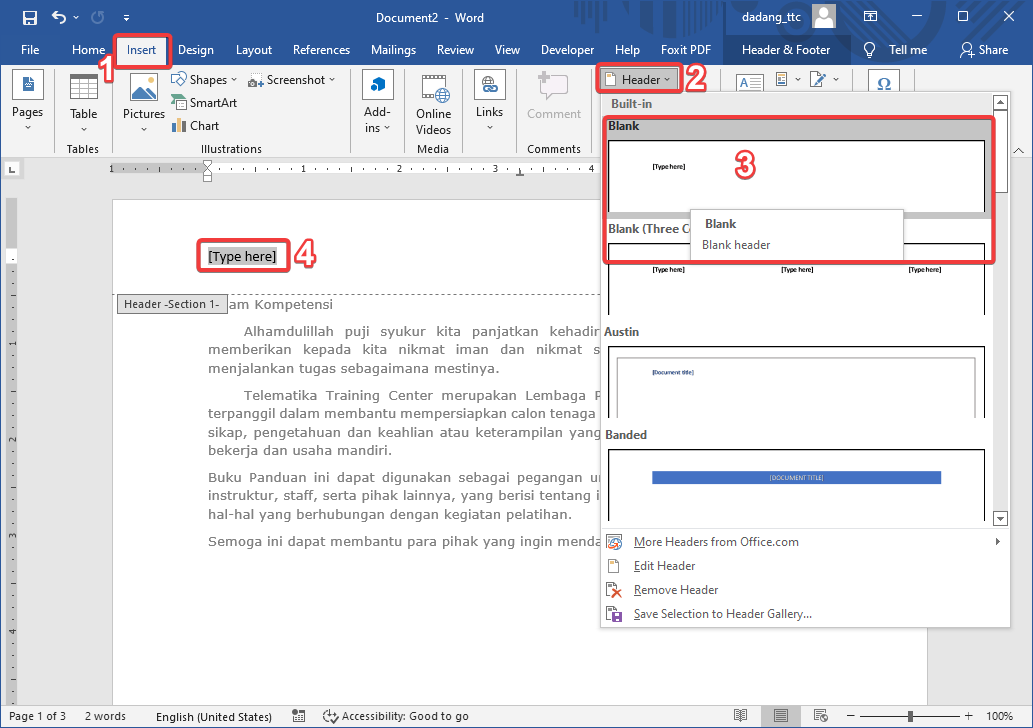 cara memunculkan header di word