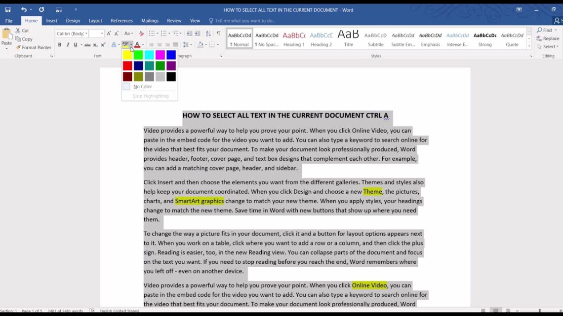 cara select all di word